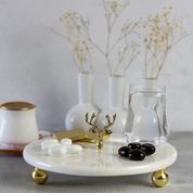 Akayev Mermer 20 cm Beyaz Altın Boncuk Ayaklı Geyik Sunum Tabağı