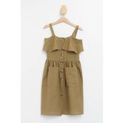 DeFacto N3045A6.20SM.GN429 Haki Askılı Düğme Detaylı Keten Kız Çocuk Elbise