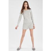 DeFacto U0200AZ21SP Gri Puantiye Desenli Uzun Kollu Üst Şort Kadın Pijama Takımı