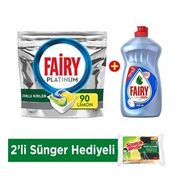 Fairy Platinum 90 Yıkama Bulaşık Deterjanı Kapsülü Limon + Platinum Hijyen 500 ml + 2'li Sünger Hediye