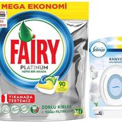 Fairy Platinum 90 Yıkama Bulaşık Makinesi Deterjanı Kapsülü + Febreze Hava Ferahlatıcı Banyo Oda Kokusu 300 ml Temiz Çarşaf Ferahlığı