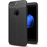 Fibaks Apple iPhone 8 Plus Kılıf Kamera Korumalı Deri Görünümlü Rugan Armor Tam Koruma Silikon Siyah