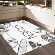 Herdekor Suni Deri Kaymaz Taban Yıkanabilir Beyaz Kitchen Desen 100x150 cm Mutfak Halısı