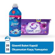 Lenor Dash Gizemli Buket Koleksiyonu 3ü 1 25 Yıkama Arada Kapsül ve Okyanustan 33 Yıkama Kaçış Yumuşatıcı