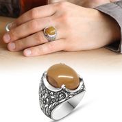 Tesbihane 102001509 Erzurum El İşçiliği Oval Sarı Sıkma Kehribar Taşlı Erkek 925 Ayar Gümüş Yüzük