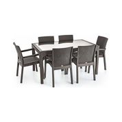 Violet Rattan 80x140 cm 6'lı Camlı Kahve Bahçe Mutfak Masa Takımı