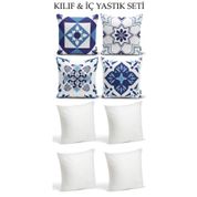 Ysahome TRENDKOM408 (ÇİFT TARAFI) Baskılı 4'lü Kombin Dekoratif Modern Kırlent Kılıfı Ve Iç Yastık Seti