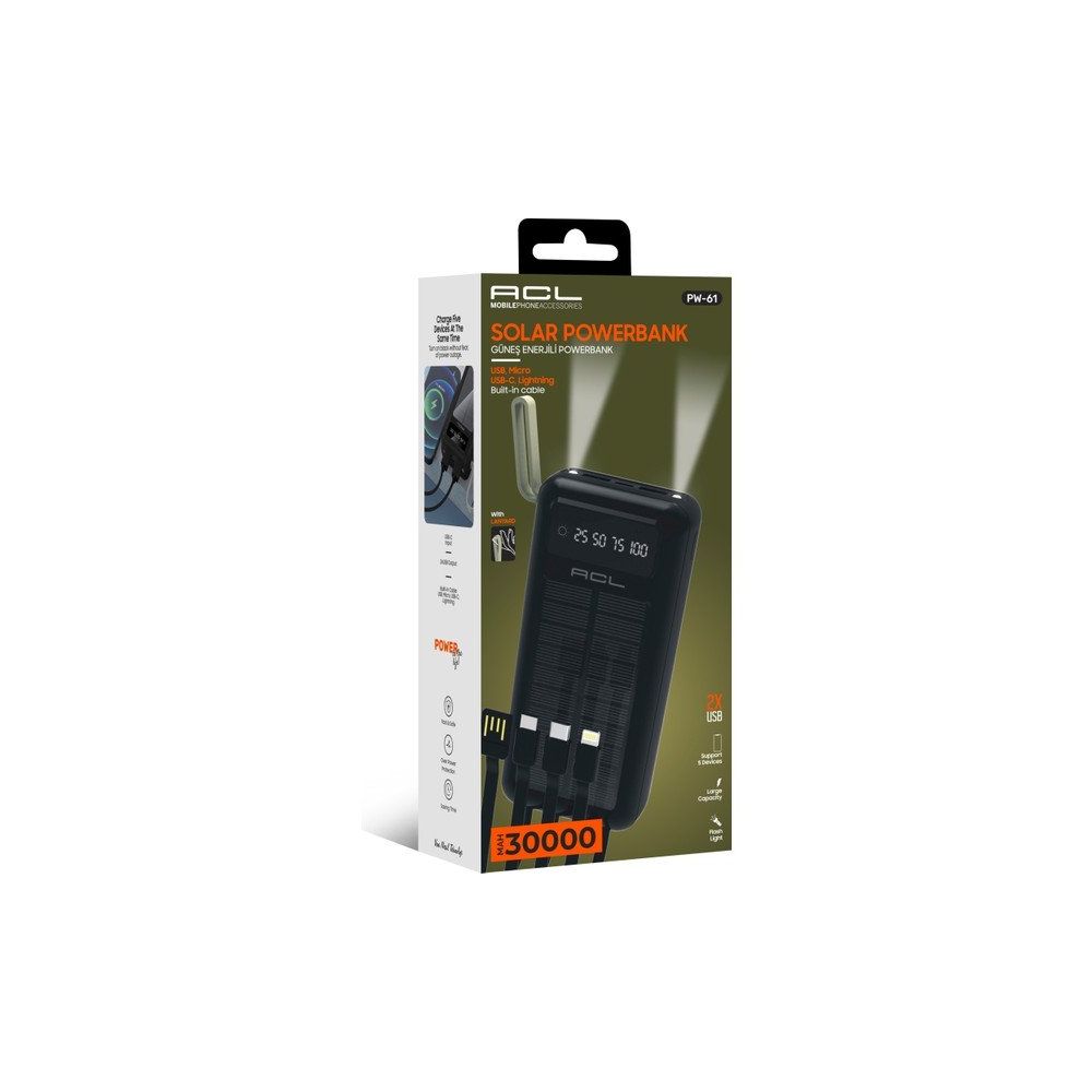 ACL Pw-61 30.000 mAh Güneş Enerjili Siyah Powerbank