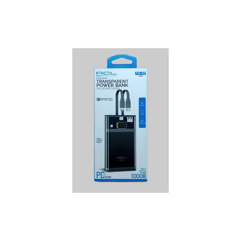 ACL Q3.0 Şeffaf Göstergeli 10.000 mAh Lightning ve Type-C Kablolu Hızlı Şarj Siyah Powerbank
