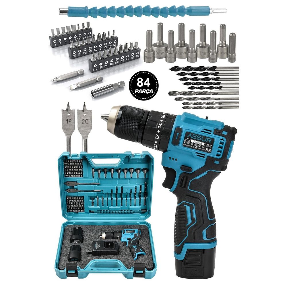 Assur 12V 1.5Ah Metal Şanzıman 13 mm Çelik Mandrenli 84 Parça