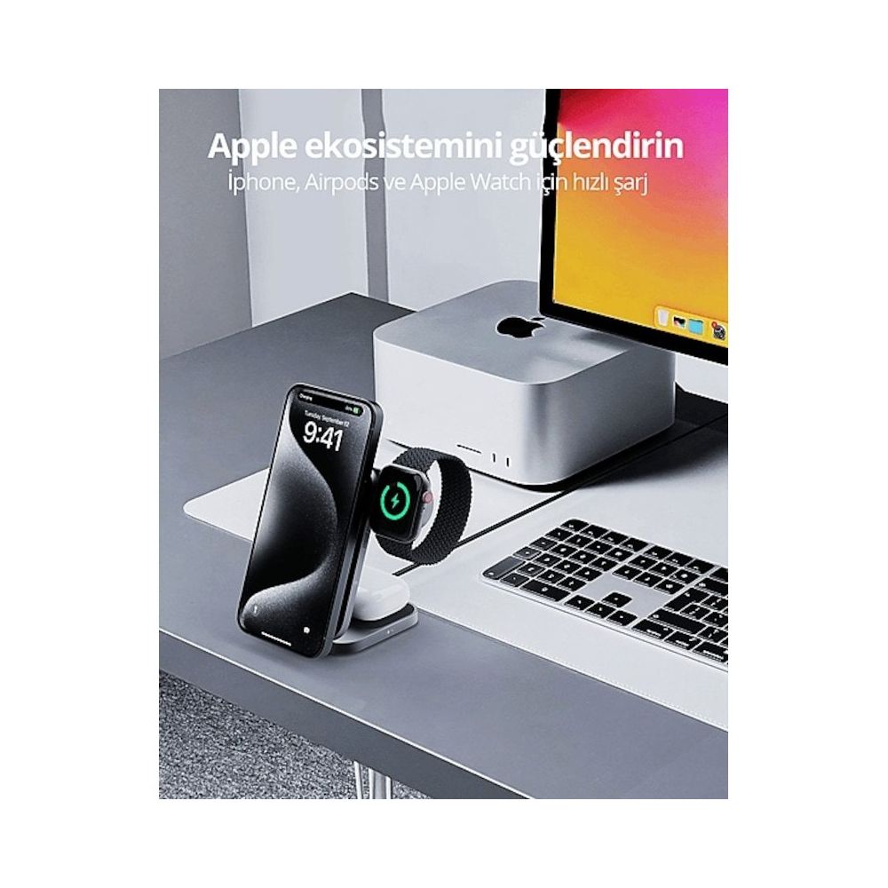 Aukey LC-MC312-GY MagFusion Z Qi2 15W Katlanabilir 3'ü 1 Arada Mıknatıslı Kablosuz Şarj Cihazı