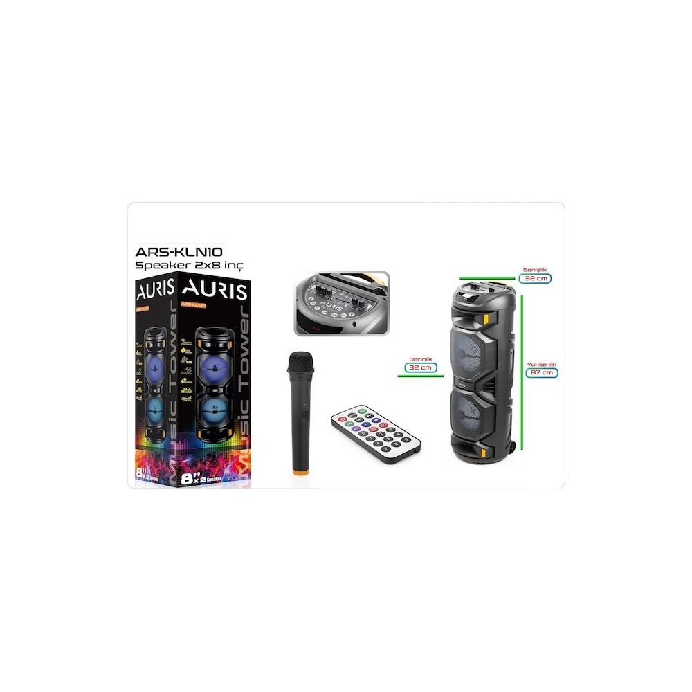 Auris ARS-KLN10 2x8" Bluetooth USB/SD Kule Tipi Hoparlör