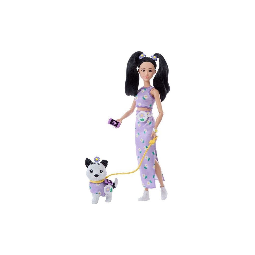 Barbie JFP39 Oyuncak Uyumlu Dostlar Siyah Saçlı Bebek ve Köpeği