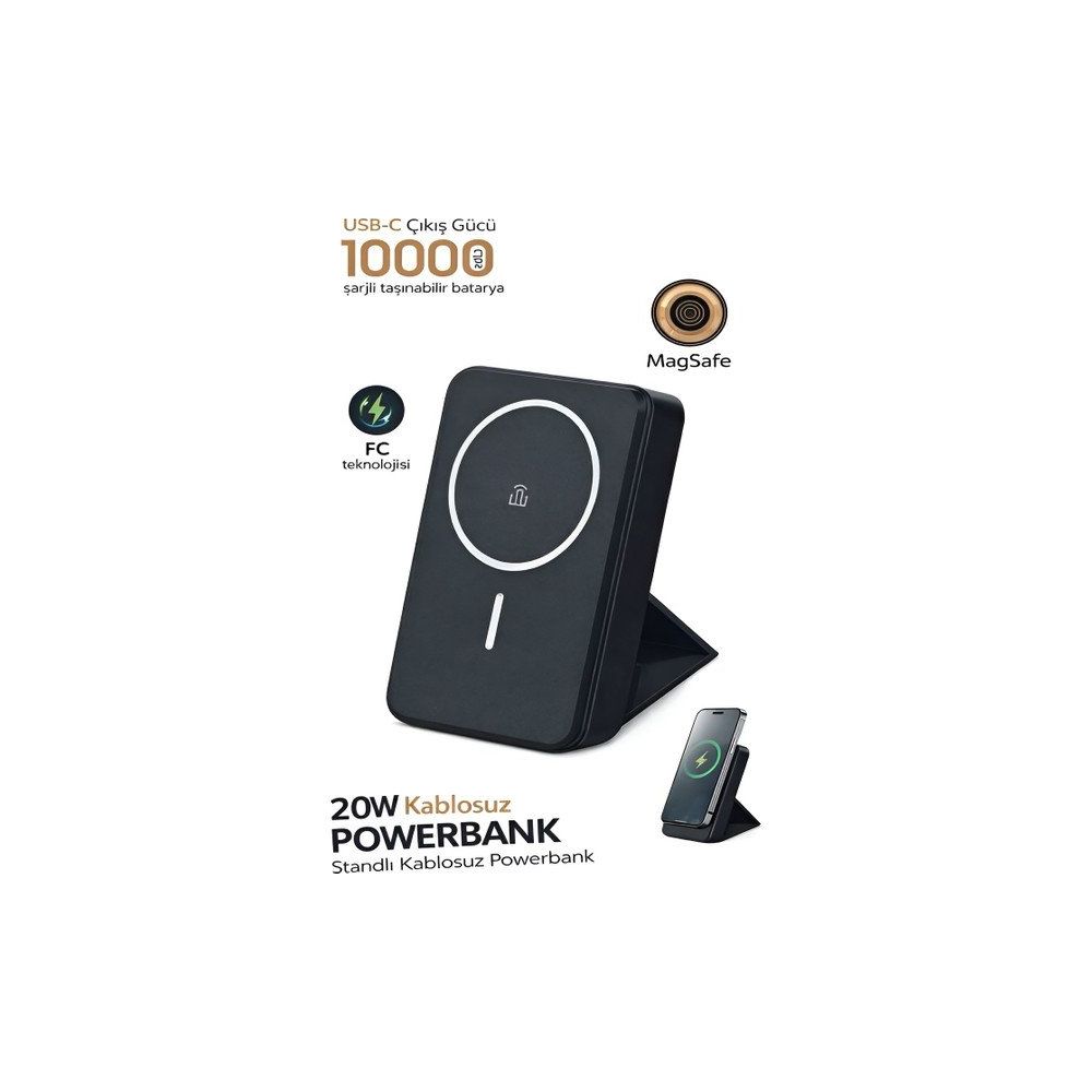 Çelikwork 20W Wireless Magsafe Lüx Deri Stand Kablosuz 10.000 mAh Siyah Powerbank