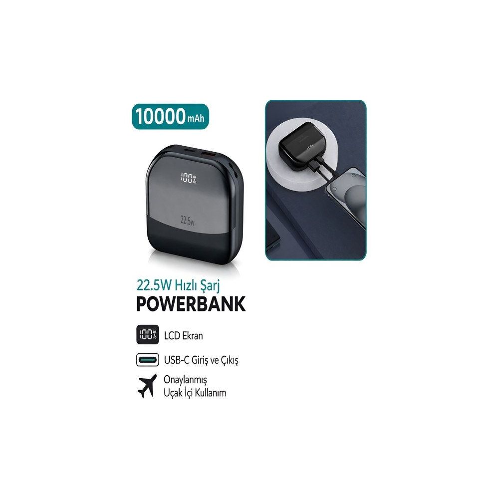 Çelikwork Fp-15 10.000 mAh 22.5W Hızlı Şarj Usb-C Giriş LCD Gösterge Siyah Powerbank