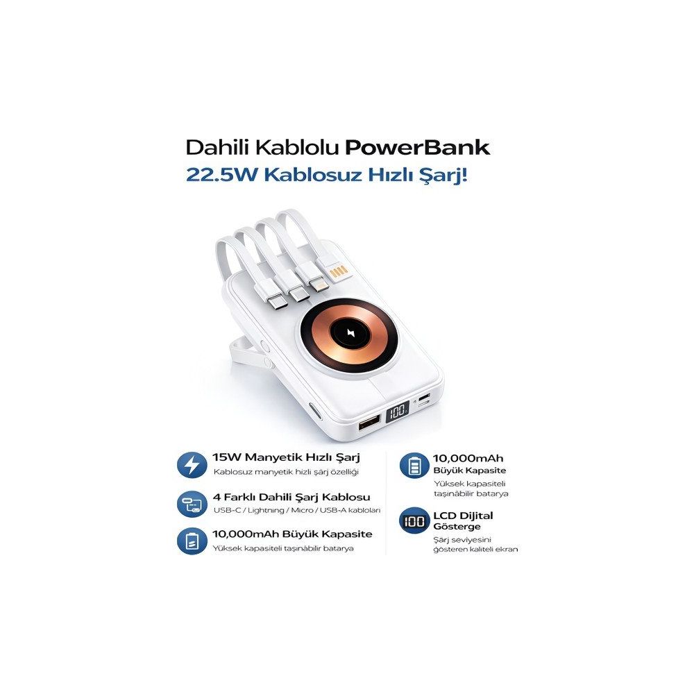 Çelikwork PW-122 10000 mAh 15W Kablosuz Kablolu LCD 22.5W Mikro Lightning Type-C Kablolu Beyaz Powerbank