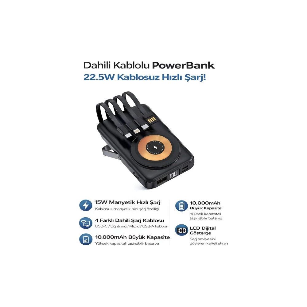 Çelikwork PW-122 10000 mAh 15W Kablosuz Kablolu LCD 22.5W Mikro Lightning Type-C Kablolu Siyah Powerbank