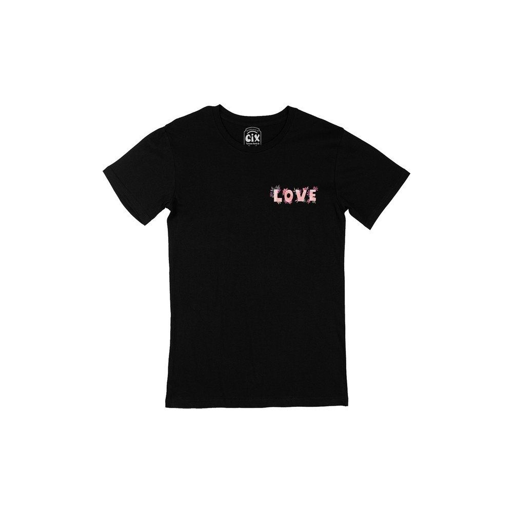 Cix Çiçekli Love Yazılı Siyah Cep Logo Tasarımlı Erkek T-shirt