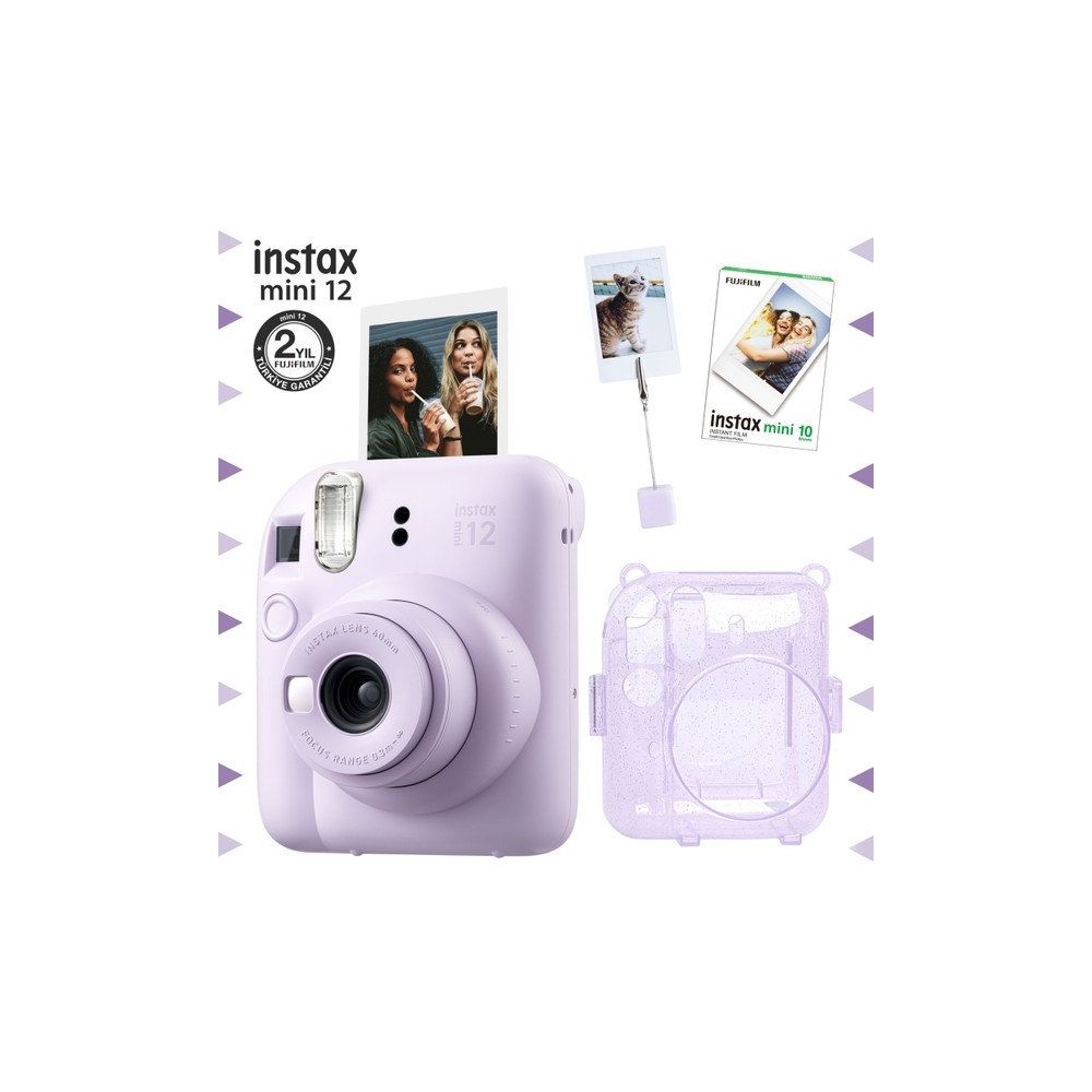 Fujifilm Instax mini 12 Lila Fotoğraf Makinesi 10'lu Film Kıskaçlı Resim Standı ve Simli Pleksi Kılıf Seti