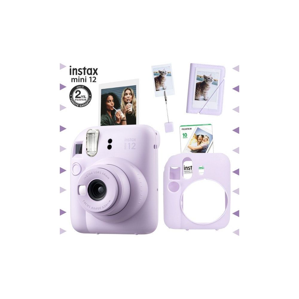 Fujifilm Instax Mini 12 Lila Fotoğraf Makinesi 10'lu Film Kıskaçlı Stand Mini Albüm ve Silikon Kılıf Seti