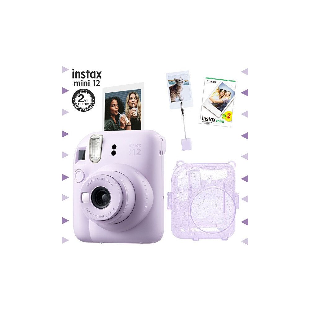 Fujifilm Instax mini 12 Lila Fotoğraf Makinesi 20'li Film Kıskaçlı Resim Standı ve Simli Pleksi Kılıf Seti