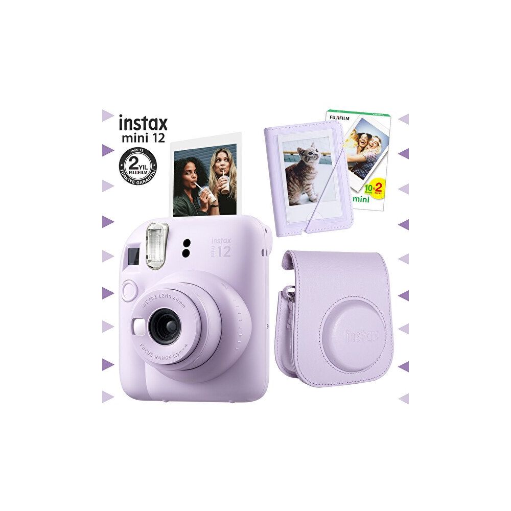 Fujifilm Instax Mini 12 Lila Fotoğraf Makinesi 20'li Film Mini Albüm ve Deri Kılıf Seti