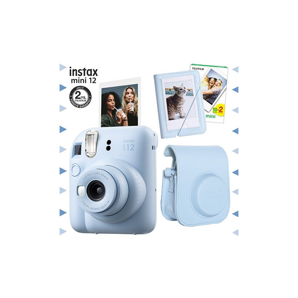 Fujifilm Instax Mini 12 Mavi Fotoğraf Makinesi 20'li Film Mini Albüm ve Deri Kılıf Seti