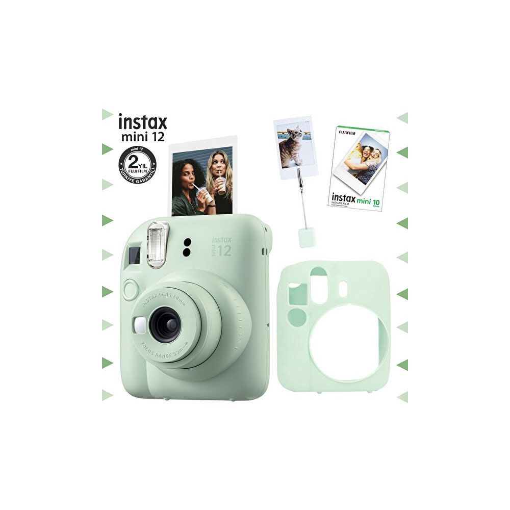 Fujifilm Instax Mini 12 Yeşil Fotoğraf Makinesi 10'lu Film Kıskaçlı Resim Standı ve Silikon Kılıf Seti