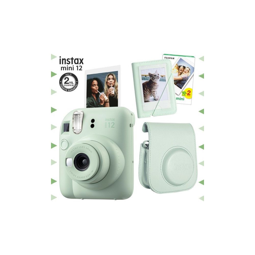 Fujifilm Instax Mini 12 Yeşil Fotoğraf Makinesi 20'li Film Mini Albüm ve Deri Kılıf Seti