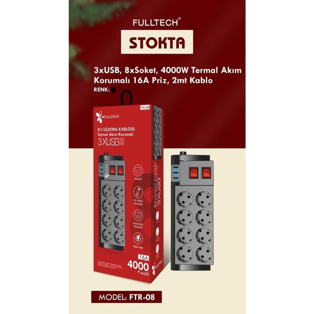 Fulltech FTR08 Gri 8'li Termal Akım Korumalı Priz Fiyatları | Cimri