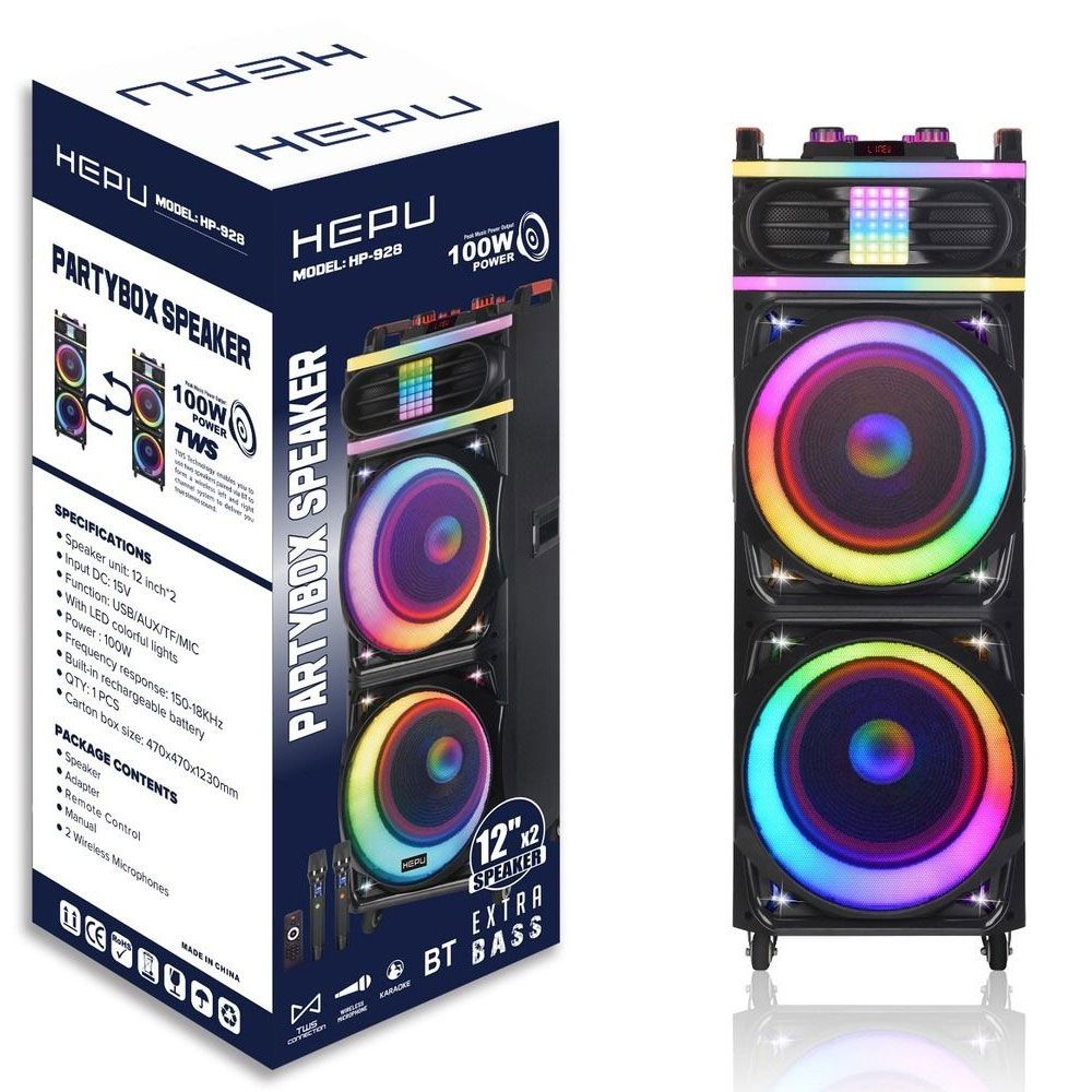Hepu HP 928 100 W 12 inç 2 Subw Super Bass Şarjlı Ahşap Parti Bluetooth Hoparlör