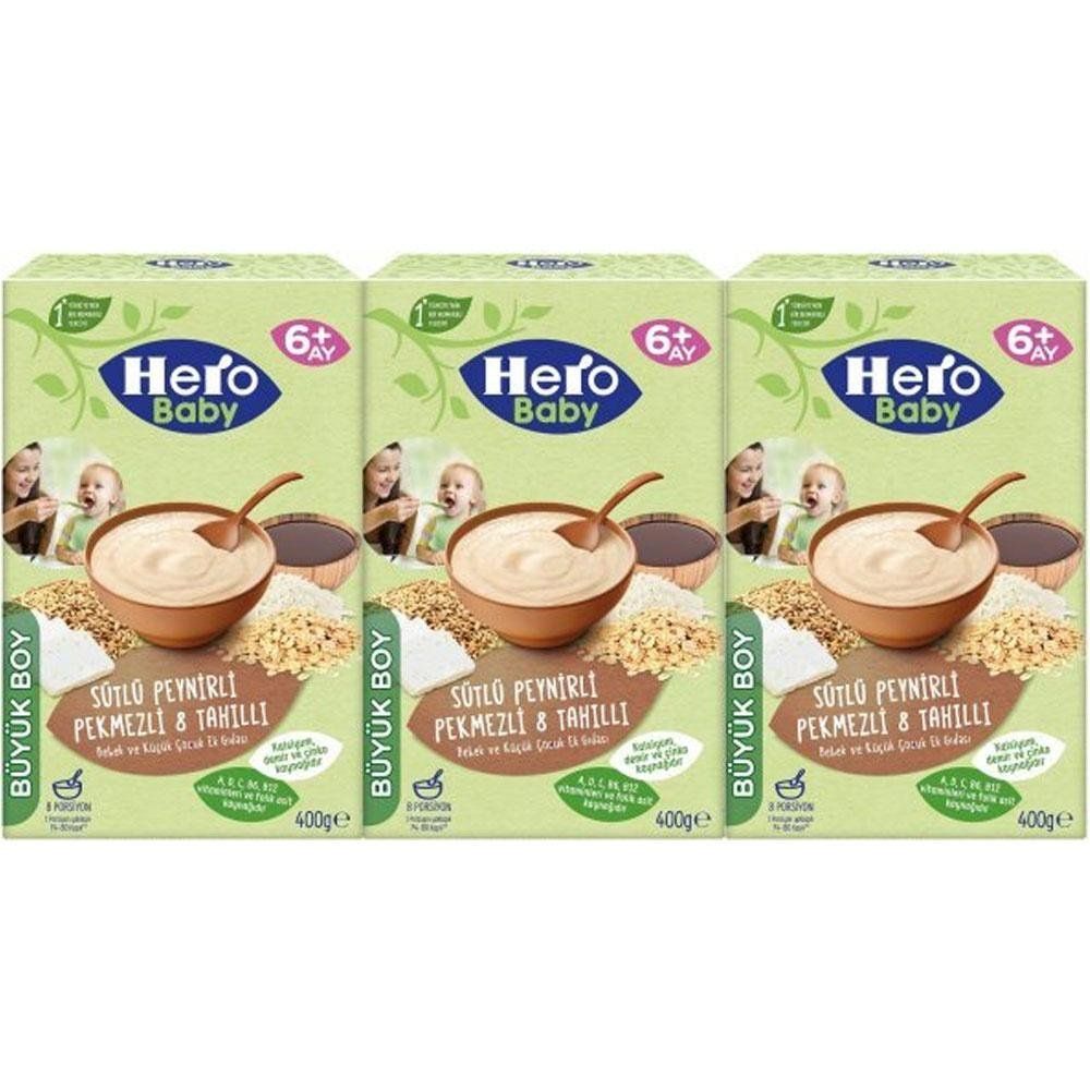 Hero Baby 3x400 gr Sütlü Peynirli Pekmezli 8 Tahıllı Kaşık Maması