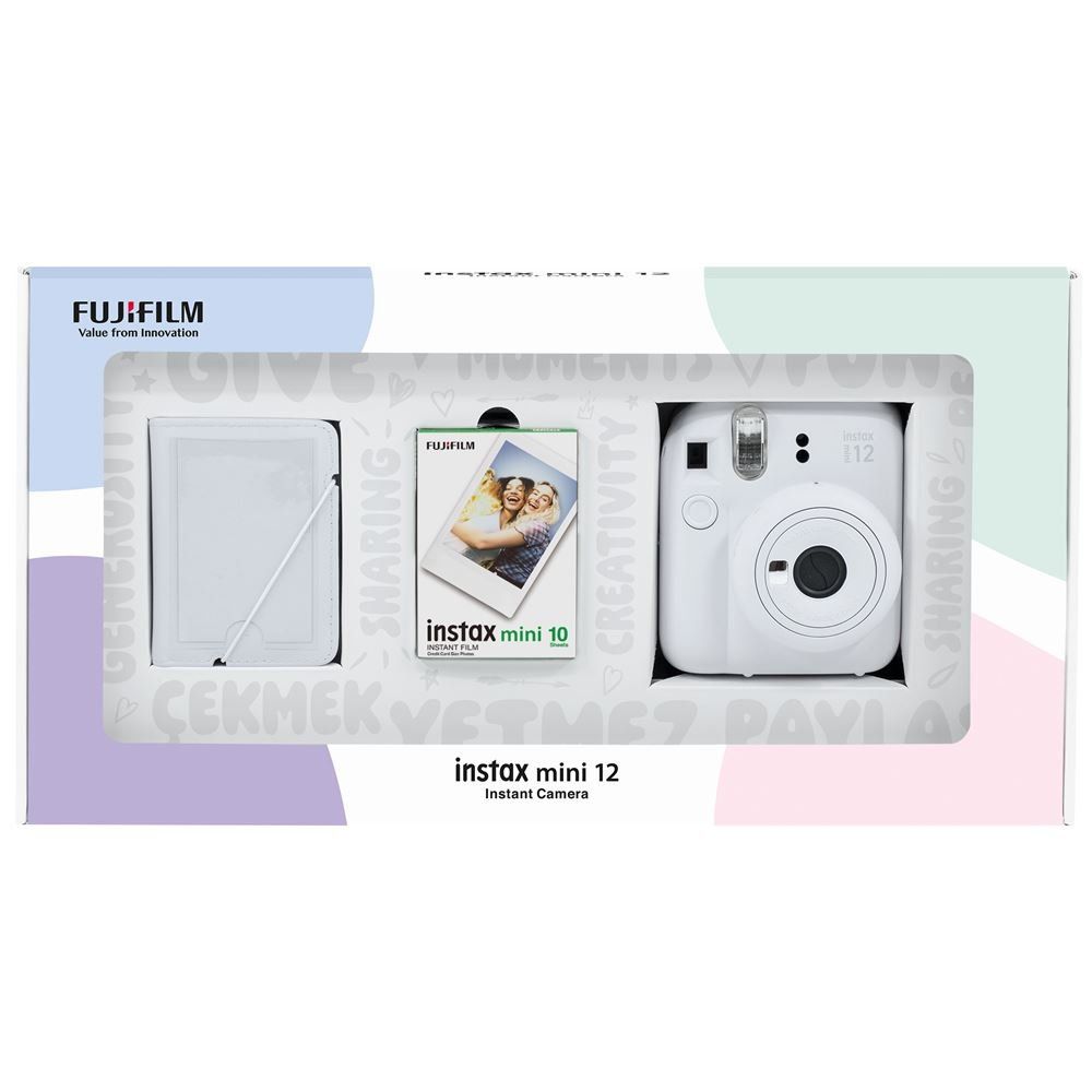 Instax Mini 12 Beyaz 10'lu Film 28'li Mini Albüm Bundle Box ve Fotoğraf Makinesi