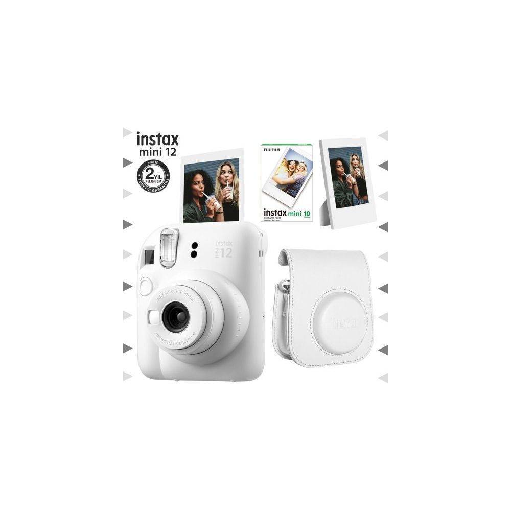 Instax Mini 12 Beyaz 10'lu Film Çerçeve Deri Kılıf ve Fotoğraf Makinesi Seti