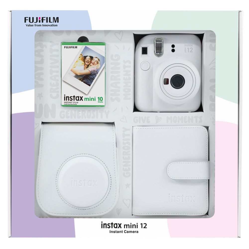 Instax Mini 12 Beyaz 10'lu Film Kare Albüm Deri Kılıf Bundle Box ve Fotoğraf Makinesi