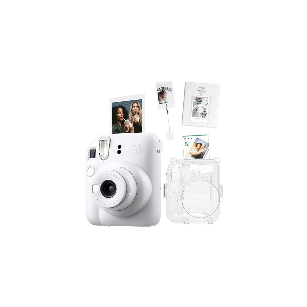 Instax Mini 12 Beyaz 10'lu Film Kıskaçlı Stand PVC Albüm Simli Pleksi Kılıf ve Fotoğraf Makinesi Seti