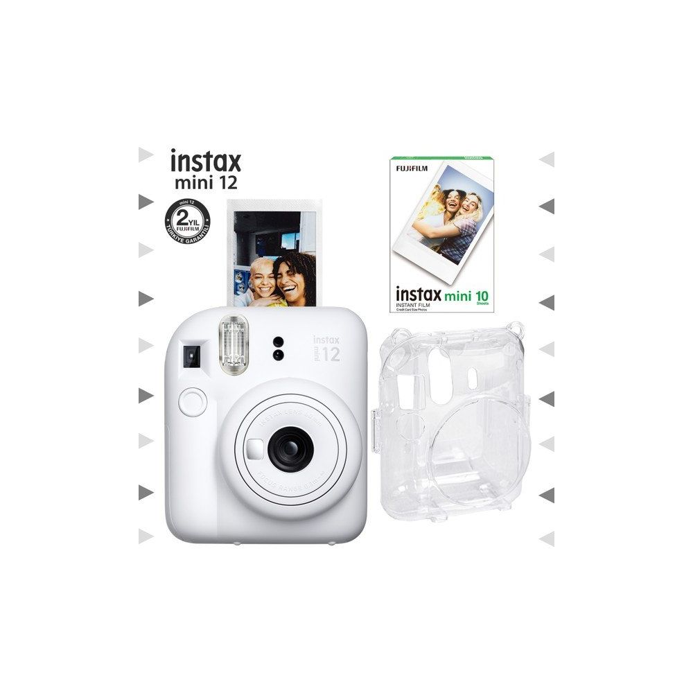 Instax Mini 12 Beyaz 10'lu Film Şeffaf Kılıf ve Fotoğraf Makinesi Seti