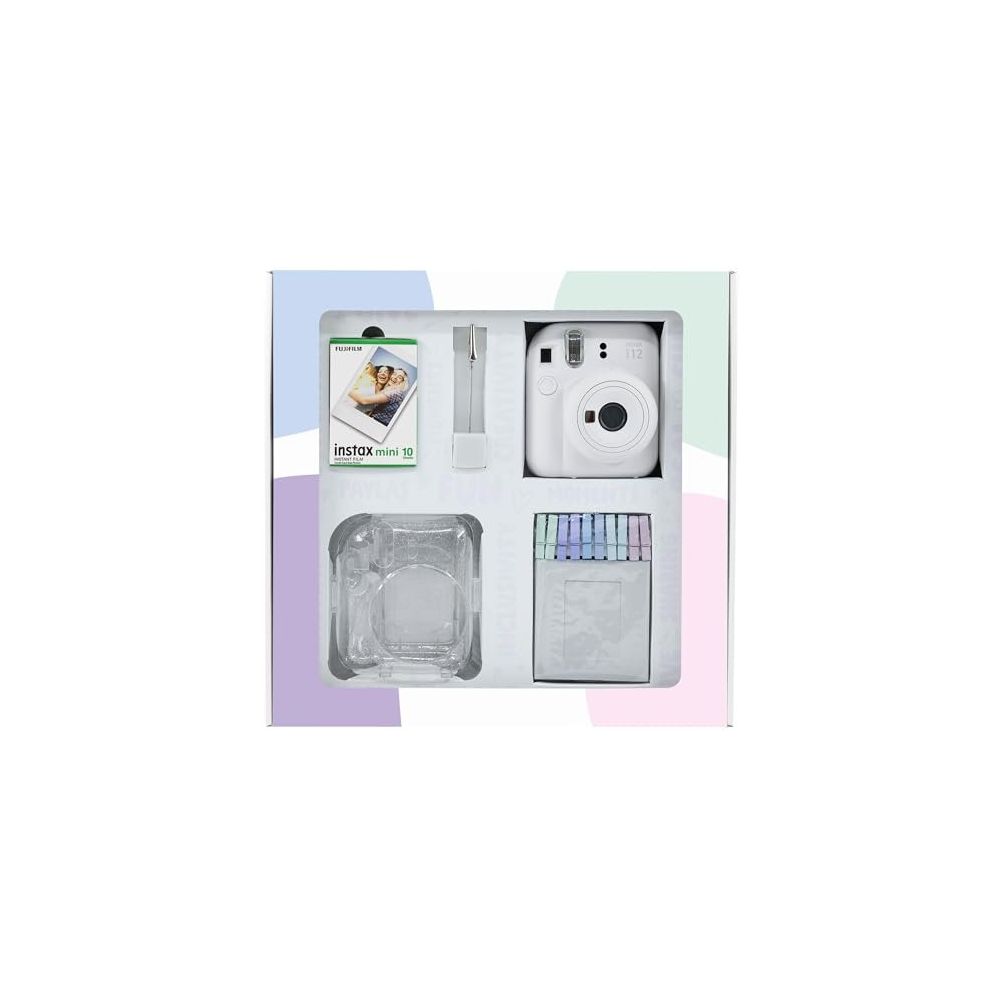 Instax Mini 12 Beyaz 10'lu Film Simli Pleksi Kılıf Mandal Kıskaçlı Resim Standı Bundle Box ve Fotoğraf Makinesi