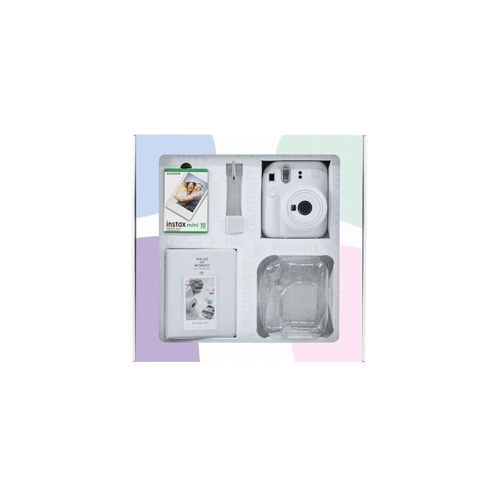 Instax Mini 12 Beyaz 10'lu Film Simli Pleksi Kılıf PVC Albüm Kıskaçlı Resim Standı Bundle Box ve Fotoğraf Makinesi