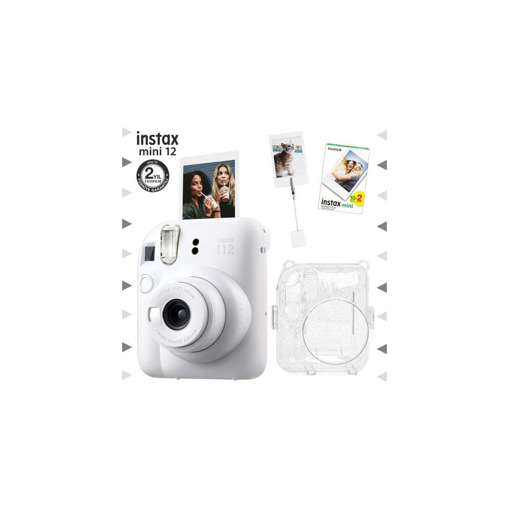 Instax Mini 12 Beyaz 20'li Film Kıskaçlı Resim Standı Simli Pleksi Kılıf ve Fotoğraf Makinesi Seti