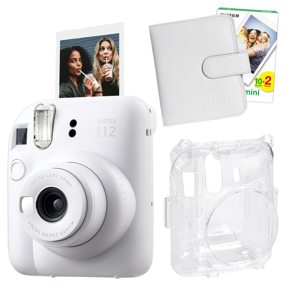 Instax Mini 12 Beyaz 20'lu Film Kare Albüm Şeffaf Kılıf ve Fotoğraf Makinesi Seti