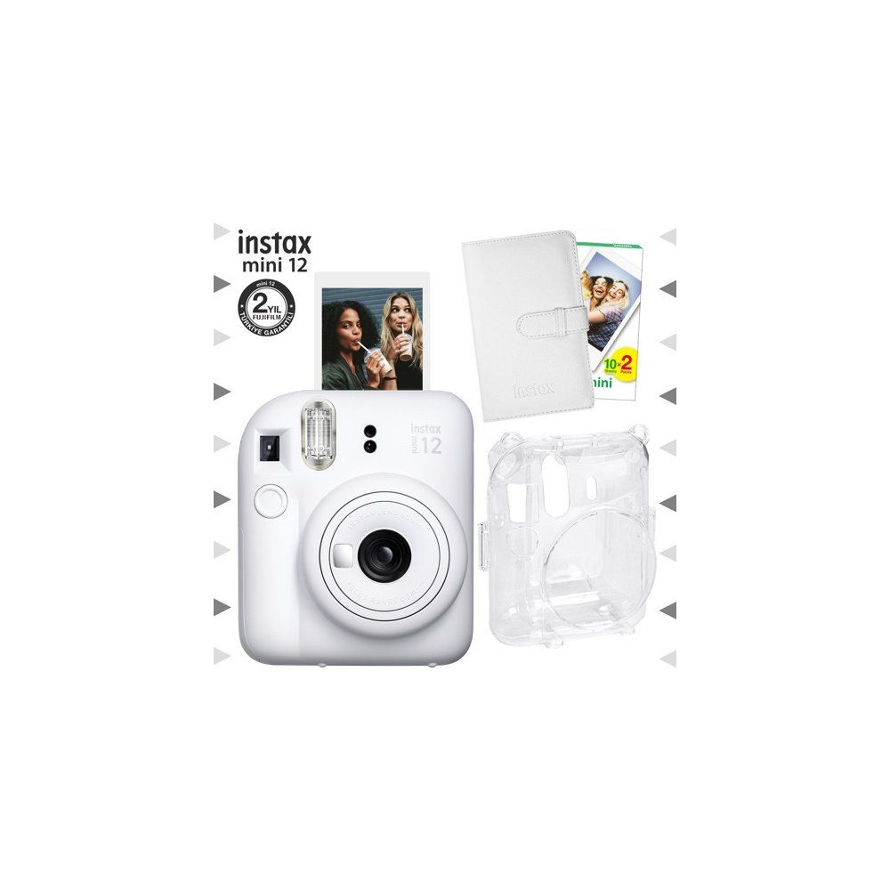 Instax Mini 12 Beyaz 20'lu Film Laporta Albüm Şeffaf Kılıf ve Fotoğraf Makinesi Seti