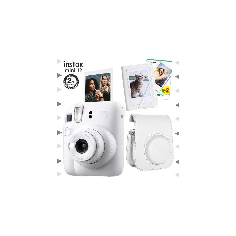 Instax Mini 12 Beyaz 20'lu Film Mini Albüm Deri Kılıf ve Fotoğraf Makinesi Seti