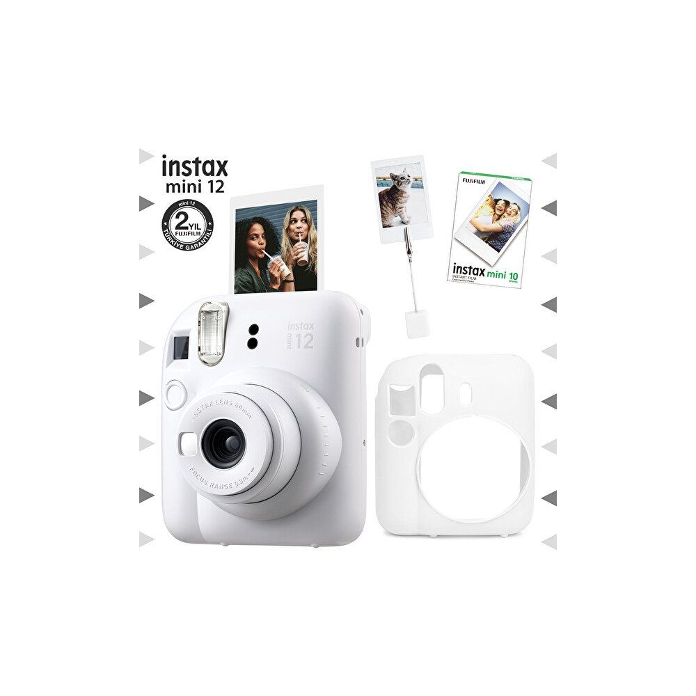 Instax Mini 12 Beyaz Fotoğraf Makinesi 10'lu Film Kıskaçlı Resim Standı ve Silikon Kılıf Seti