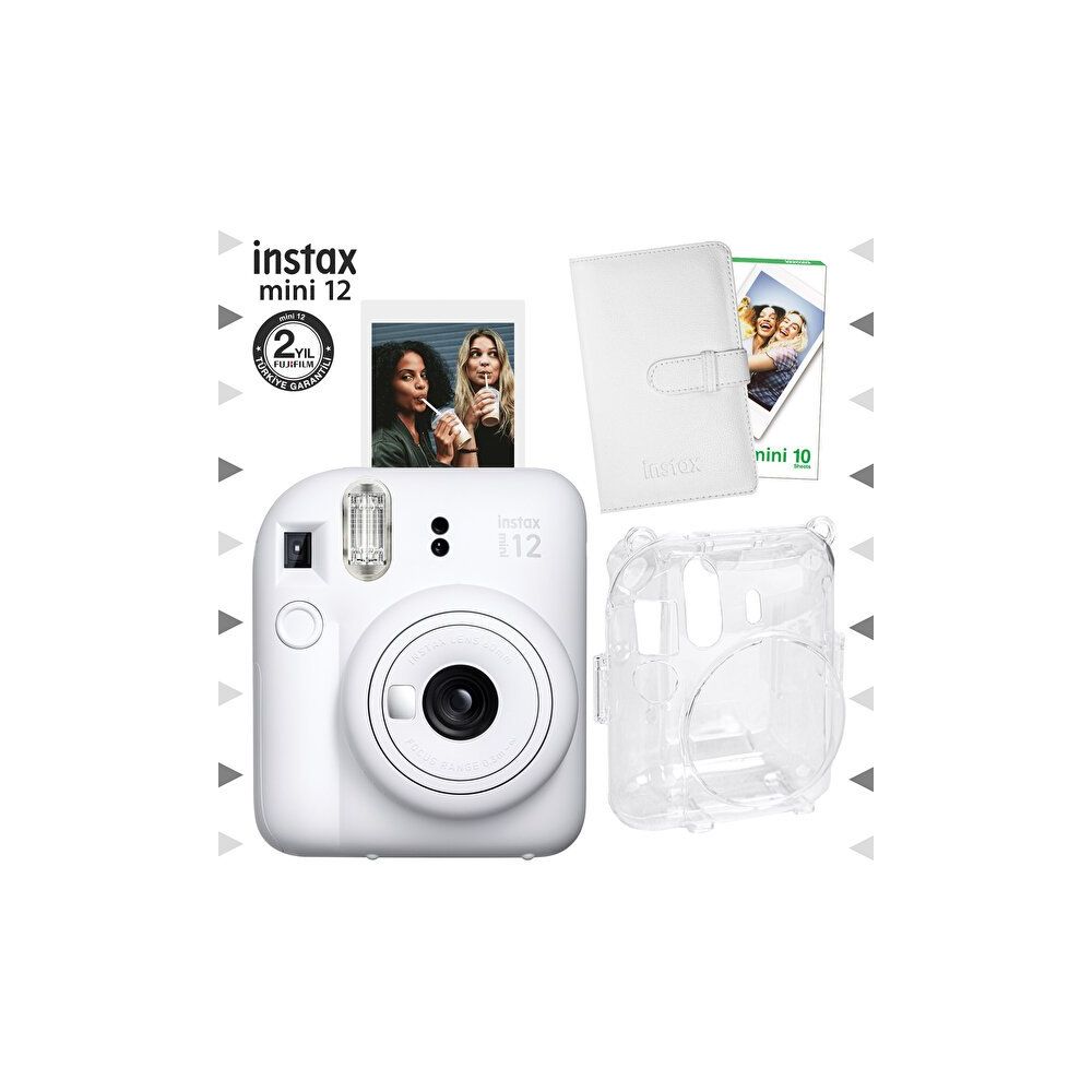 Instax Mini 12 Beyaz Fotoğraf Makinesi 10'lu Film Laporta Albüm ve Şeffaf Kılıf Seti