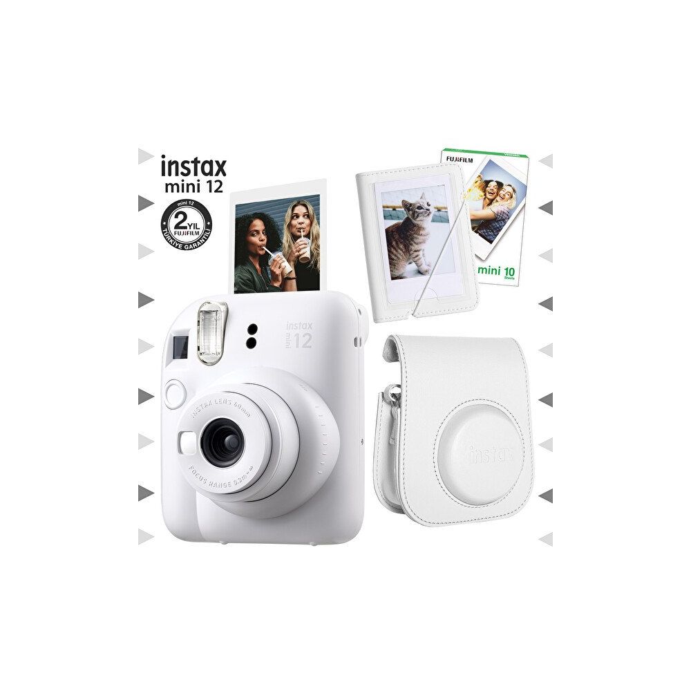 Instax Mini 12 Beyaz Fotoğraf Makinesi 10'lu Film Mini Albüm ve Deri Kılıf Seti