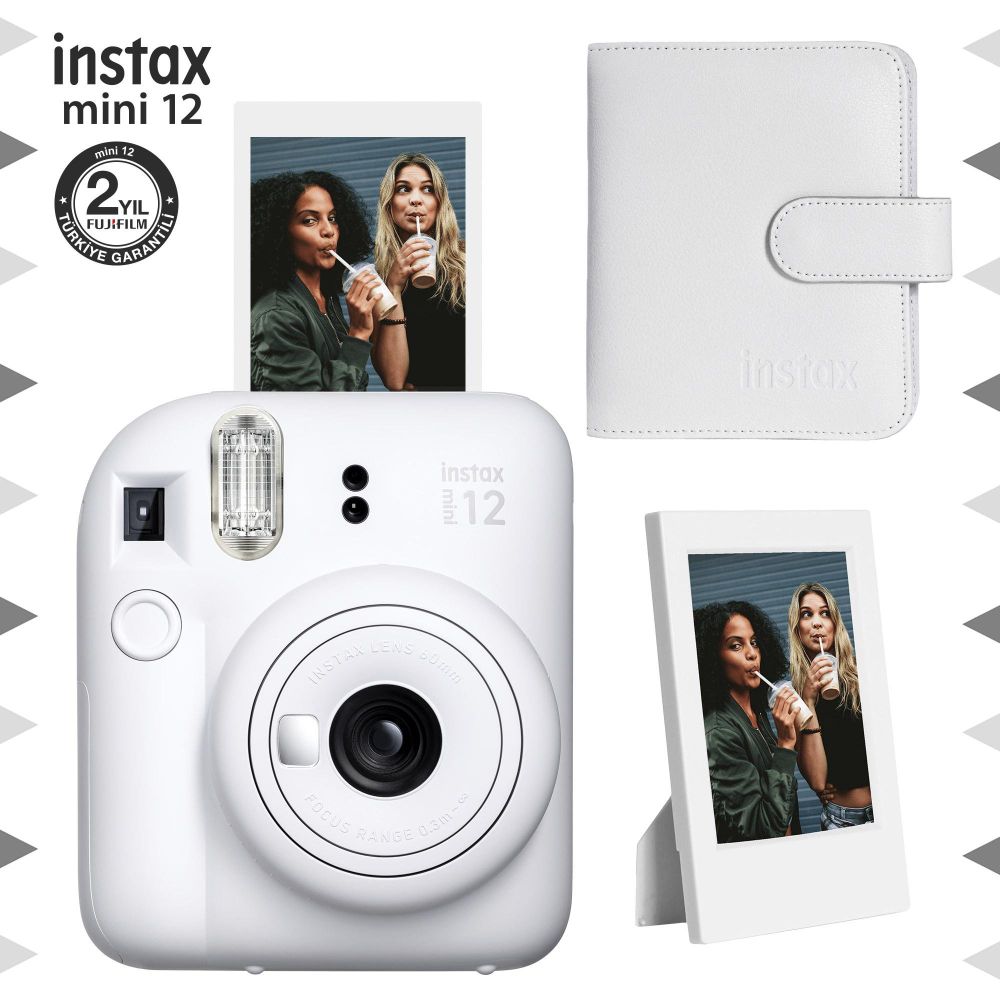 Instax Mini 12 Beyaz Fotoğraf Makinesi Çerçeve ve 64'lü Kare Albüm Seti