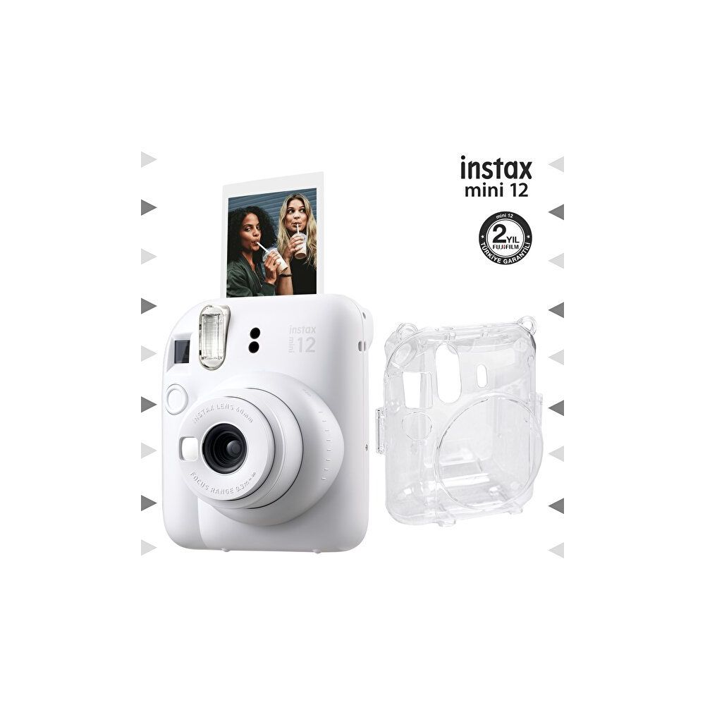 Instax Mini 12 Beyaz Fotoğraf Makinesi ve Şeffaf Kılıf Seti