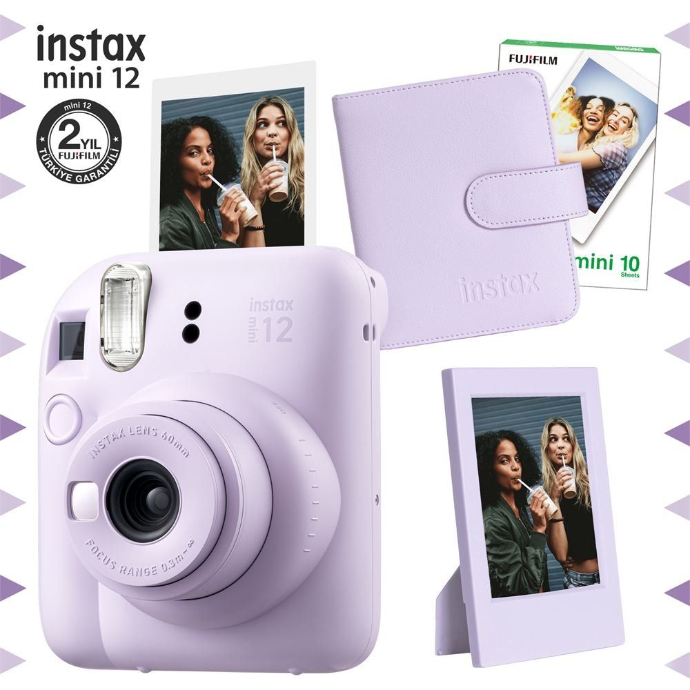 Instax Mini 12 Lila 10'lu Film Çerçeve Kare Albüm ve Fotoğraf Makinesi Seti