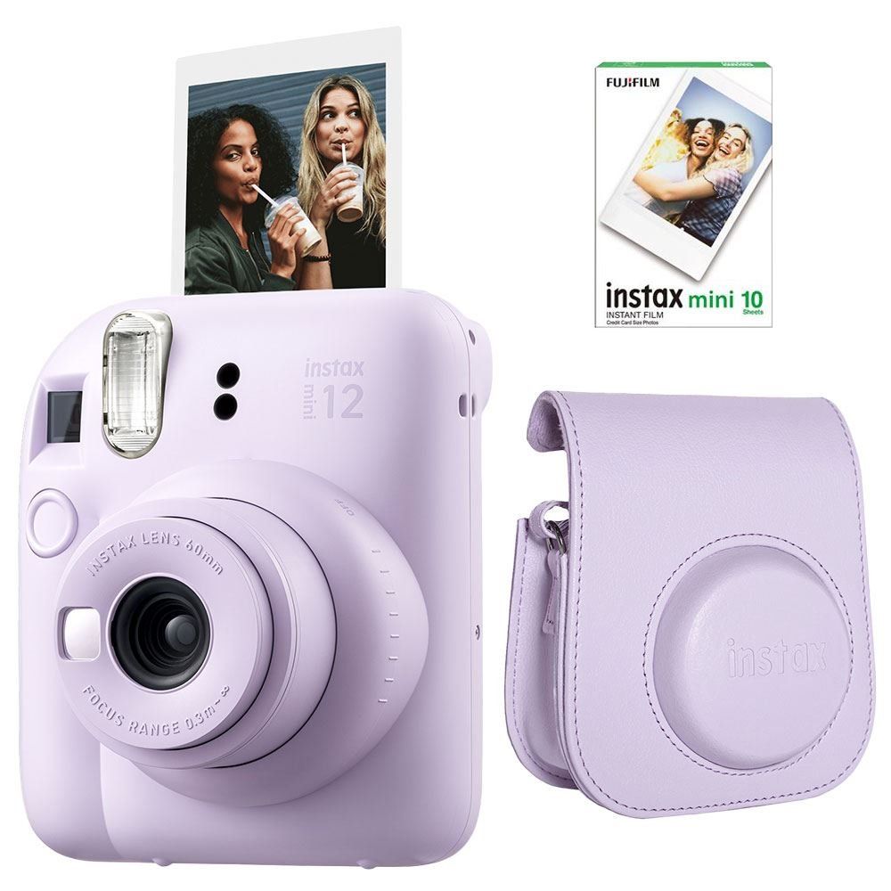 Instax Mini 12 Lila 10'lu Film Deri Çantalı ve Fotoğraf Makinesi Seti